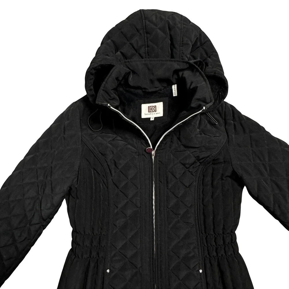 Laundry by Design Black Quilted Hooded Parka Jacket Women's Size Small‎ Full Zip